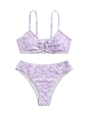 Image of COZYEASE Girls' 2 Piece Ditsy Floral Print Knot Front Ruched Triangle Bikini Swimsuit