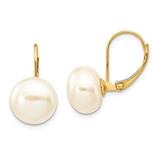 14k Yellow Gold 11mm White Button Freshwater Cultured Pearl Leverback Earrings Lever Back Drop Dangle Fine Jewelry For Women Gifts For Her
