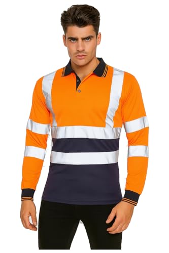Candid Styles® Hi Viz High Visibility Long Sleeve Polo Shirts - Men's Reflective Tape Safety Hi Vis Security Work Breathable Lightweight Workwear T-Shirt Tops (Orange/Navy, X-Large)