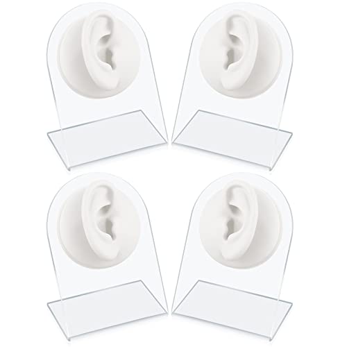 4 Pcs Silicone Ear Model Soft Fake Ear White Ear Display for Earrings Ear Studs Jewelry Display with Acrylic Stand Rubber Ear Simulation for Piercings Practice Tools Music Recording