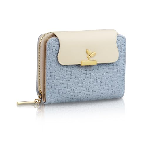 Bifold Womens Wallet, Leaf Snap Card Holder Wallet Cute Small Wallets for Women with Zipper Coin Pocket ID Window (Blue)