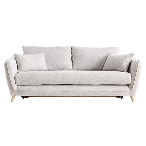 Miliboo Canapé Convertible scandinave 3 Places en Tissu Gris Clair chiné et Bois Clair avec Matelas 10 cm Creep