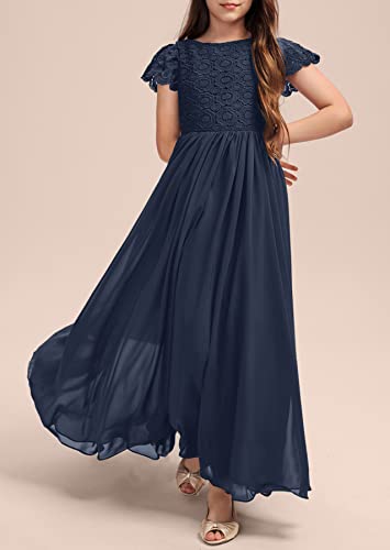 HOSIKA Girls Vintage Chiffon Ruffle Sleeve A-Line Wedding Party Maxi Junior Bridesmaid Dress for Kids 6-12 Years2