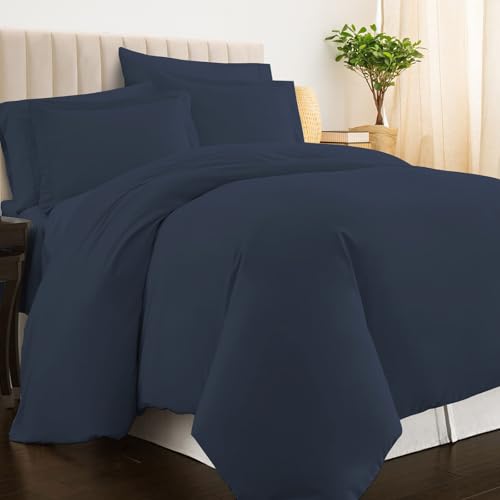 Image of Pizuna 100% Cotton Double Duvet Cover Set Dark Blue, 400 Thread Count Long Staple Cotton Duvet Cover 200x200cm, Sateen Weave Quilt Cover with Button Closure (Double Duvet Cover Cotton)