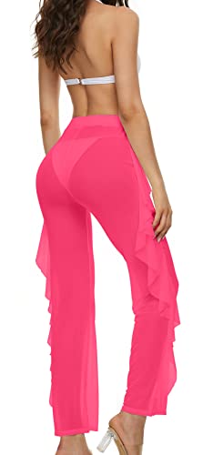 Willow Dance Women's Perspective Sheer Mesh Ruffle Pants Swimsuit Bikini Bottom Cover Up Pants (Hot Pink, S) #TOP3