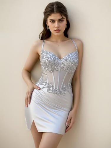 Homecoming Dresses 2025 Lace Applique Corset Bodycon Spaghetti Strap Sweet 16 Satin Short Cocktail Gown with Slit4