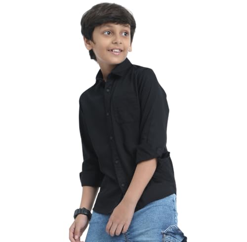 Image of Red Nine Rocket Science Boys' Solid Satin-Finish Poly Cotton Shirt | Single Pocket, Spread Collar, Long Sleeve, Casual