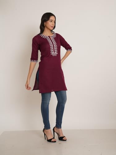 Image of Brownverse Pure Cotton Embroidered Women Short Kurti