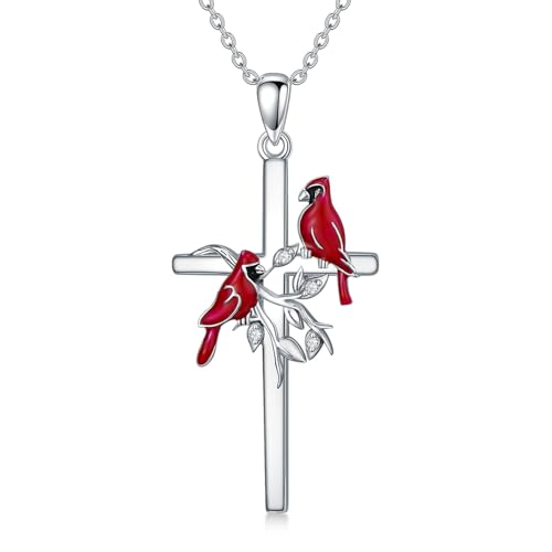 Diamond Cross Necklace for Women Red Cardinal Necklace 925 Sterling Silver Cross Pendant Necklace Jewelry Gifts for Women