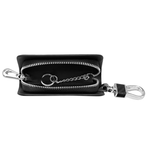 Image of KMH Premium Carbon Fiber Black Finish Car Key Wallet Bag | Wallet for Key Case Shell Pouch Cover Holder, Key Zipper Fob Protector | Smart Remote Keychain Holder with Metal Hook Keyring - Pack of 1