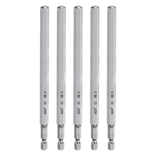 HARFINGTON 5pcs Hex Head Wrench Drill Bit 8mm (H8) Metric 1/4" Hex Shank 150mm (6") Long Magnetic S2 Steel Screwdriver Bits Industrial Grade Hexagon Flat Tip Drill Bits for Screws