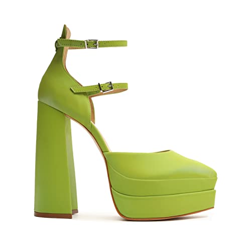SCHUTZ Elysee Green Double Platform Ankle Strap Pointy Toe Block Heel Dress Pump2