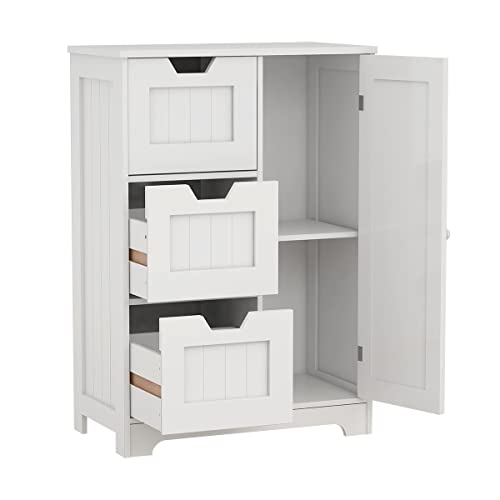 Small Bathroom Storage Cabinet Freestanding, Wooden Side Bathroom Cabinet Organizer With 3 Drawers And Adjustable Shelf, Sideboard Storage Laundry Room Cabinets - White #TOP2