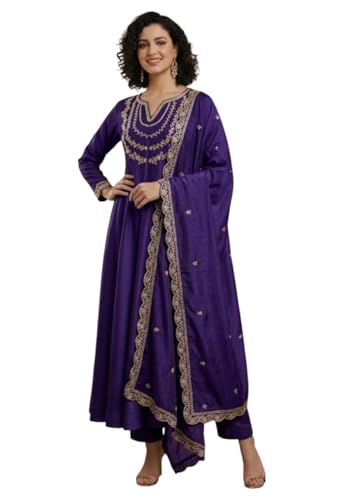 Image of Yashika Women's Silk Blend Embroidered Anarkali Kurta Set with Dupatta | Full Length Ethnic Wear for Women | Wedding