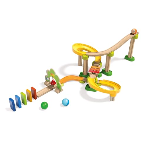 HABA Kullerbu Sim-Sala-Kling - 38 Piece Wooden & Plastic Train Track Set for Balls with Musical Effects and Domino Blocks