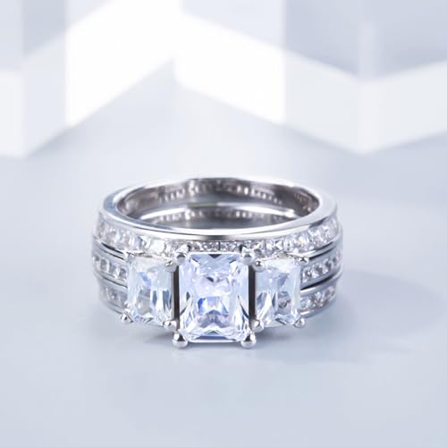 Jeulia 3PC Bridal Ring Sets for Women Three Stone Radiant Cut Engagement Rings Sterling Silver Wedding Band Interchangeable Rings Promise Anniversary with Jewelry Box4