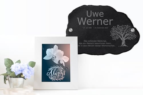 mtb more energy Gedenktafel Grabstein aus Schiefer mit Gravur - wähle passende Motive und Schriftarten - Naturform (33 x 22 cm) - Grabplatte Gedenkbild Kondolenzfeier