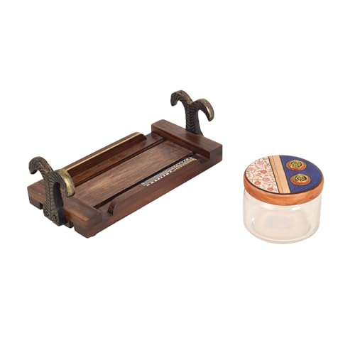 Image of AAKRITI ART CREATIONS Joyful Noshing S02 Wooden Tray with 2 Glass Jars | Dhokra Warli Fusion Art | Multi-Colored Matte Finish | Wood & Glass Kitchen Storage & Decor