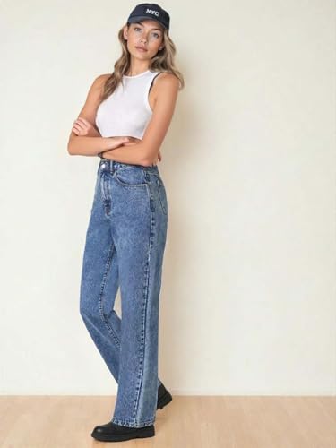 Image of KOTTY Women's High Waist Denim Jeans | Straight, Relaxed & Wide Leg Fit | Light Blue, Dark Blue & Black | Casual Regular Length Fashion Wear