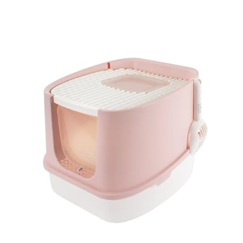 BMELDYQ 大型猫用トイレトレイ 蓋付き - 猫用防臭ベルトトイレ洗面器(ピンク)