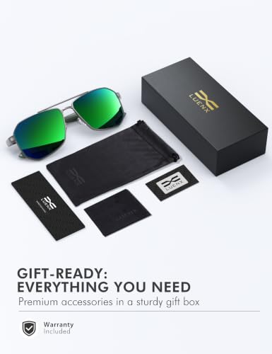 Image of LUENX Aviator Sunglasses for Men Square Polarized Polygon Lens - UV 400 Protection with Accessories