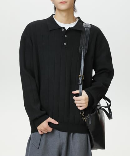 POHADON Men's Retro Ribbed Sweater Grandpa Grunge Collared Neck Knitted Sweater Old Money Aesthetic Fall Winter Polo Tops2
