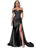 Off The Shoulder Long Prom Dress Petite Sequin Appliqued HOCO Dresses for Teens Mermaid Corset Party Maxi Train Dresses Size 10 Black