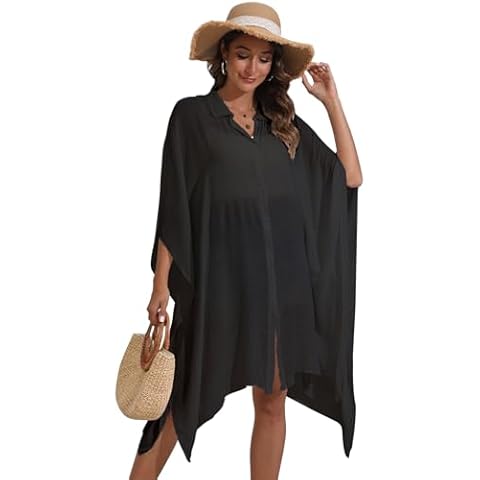Cogild Women Swimsuit Cover Up Button Down V Neck Half Sleeve Loose Beach Cover Ups Swimwear Shirts Cover