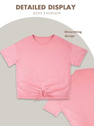JiAmy Girls Tshirts Short Sleeve T-Shirts Tie Front Top Tshirt for Kids 5-12 Years Pink4