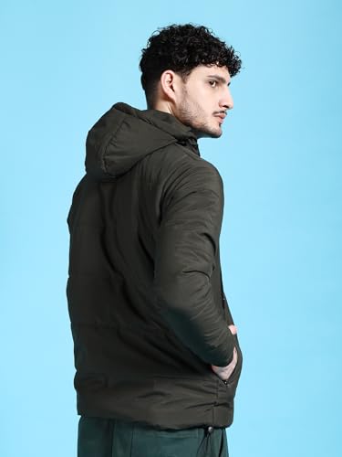 Image of The Indian Garage Co Men Black Regular Fit Solid Hooded Bomber Jacket