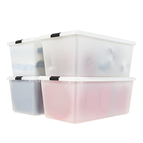 Image of IRIS USA 91 Qt Stackable Plastic Storage Bins with Lids, 4 Pack - BPA-Free, Discreet Organizing Solution, Latches, Durable Nestable Containers, Secure Pull Handle, Made in USA - Pearl