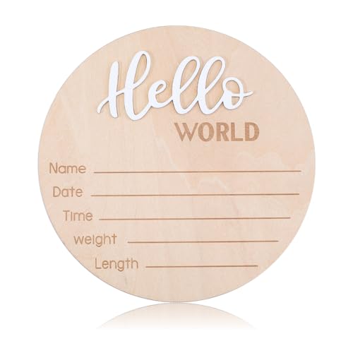 CRASPIRE Baby Announcement Sign Flat Round Hello World Welcome Newborn Sign Wooden Baby Photo Props Birth Announcement Sign Name Plaques for Boys Photo Prop Baby Shower Nursery Hospital