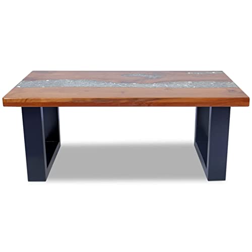 Bigbarley Unique Coffee Table, Rustic Teak Coffee Table With Resin Decoration, Rectangle Side Table For Living Meeting Room 39.4"X19.7" #TOP6