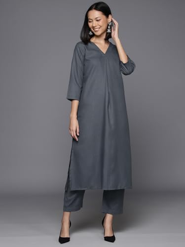 Image of Varanga Women's Violet Strap Kurta with Tonal Bottom & Printed Dupatta - Round Neck, Side Slit Design, Stylish & Comfortable
