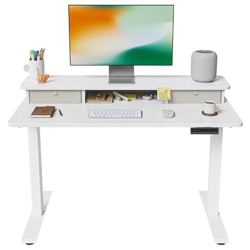 FEZIBO Height Adjustable Electric Standing Desk with Double Drawer, 100 * 60cm Stand Up Table with Storage Shelf, Sit Stand Desk with Splice Board, White Frame/White Top