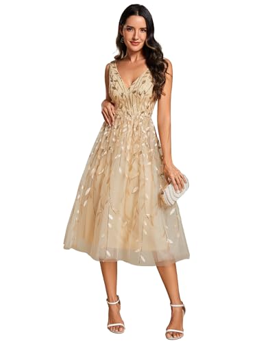 Ever-Pretty Robe pour Invité Mariage Dos Nu Femme Paillettes Feuilles Double V-Col sans Manches A Line Taille Empire Robe de Bal Brillante Or 42