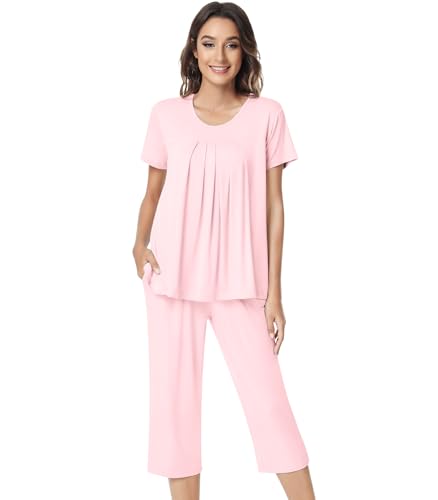 Image of NACHILA Pajamas for Women-Viscose Made from Bamboo,Short Sleeve Sleepwear Cooling Pjs Top Ladies Soft Capri Pants Pajama Sets
