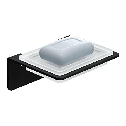 WEISSENSTEIN Self Adhesive Square Soap Dish - 3M VHB Industrial Strength - 100% Stainless Steel and Frosted Glass - For Sinks and Bathtubs - Black Cover