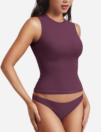 Image of YEOREO Women Basic Mock Neck Workout Crop Top Sleeveless Double Lined Tank Tee Slim Fitted Ruched Going Out Camisole
