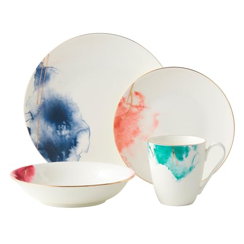 Dinner Set for 1, Premium Quality Fine China Dinnerware, Water Colour 4 Piece Tableware Comes with Dinner Plates Side Plates and Pasta Bowls with Gold Banding (Dinner Set for 1)