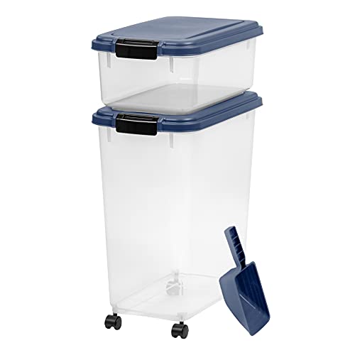Iris Usa 3-Piece 42 Lbs / 57.5 Qt Weatherpro Airtight Pet Food Storage Container Combo With Scoop And Treat Box For Dog Cat And Bird Food, Stackable, Keep Pests Out, Translucent Body, Bpa Free, Navy #TOP30