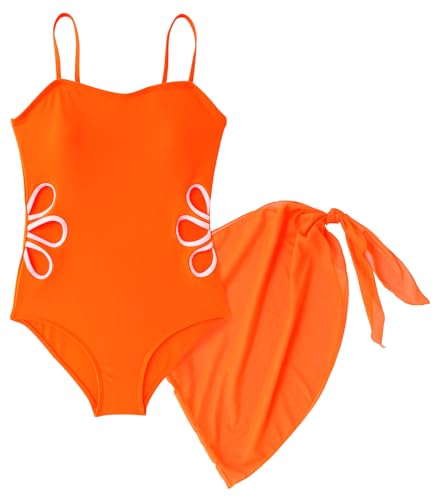 Image of SEAUR Girls Cut Out One Piece Swimsuit with Cover Up Skirt Bathing Suit Swimwear 7-16 Years