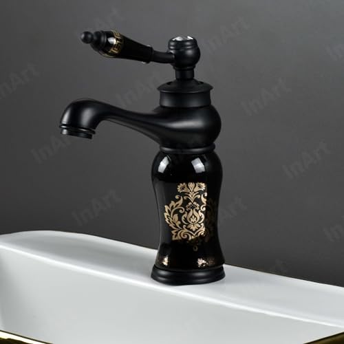 Image of InArt Black Glossy Finish Basin Pillar Cock Tap Faucet for Wash Basin, Hot & Cold Water Mixer, Single Handle, Waterfall Design, Table Mount /Deck Mount (Black) Zinc