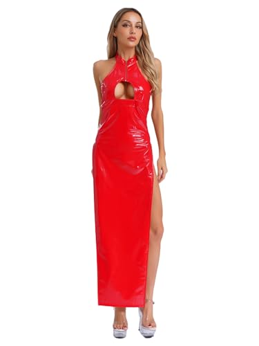 Kvysinly Damen Lack Leder Kleid Neckholder Partykleid Wetlook Cut Out Maxi-Kleid Schlitz Etuikleid Frauen Rave Party Outfit Rot L