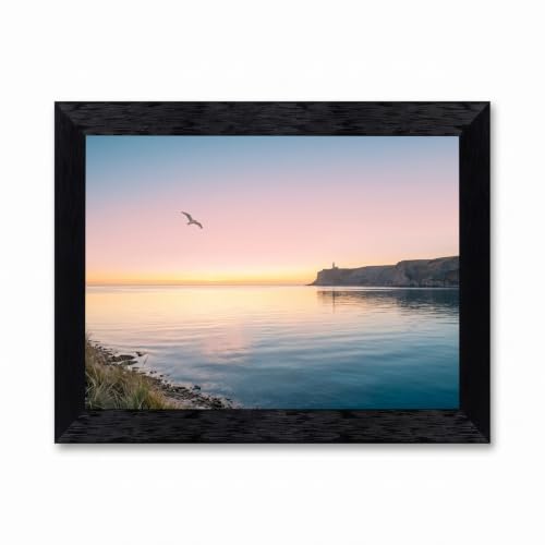 Framed Canvas Wall Art Minimalist Coastal Photography Lighthouse Silhouette Pastel Sunset Sky Canvas Print Poster Black Frame Wall Decor for Living Room Coastal Decor, Sunset Art - Inch 8x10