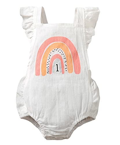 Grnshts Baby Girls First Birthday Outfits Ruffle Rainbow Romper Backless Bodysuit Cake Smash Outfits (Rainbow, 9-12 Months) #TOP8