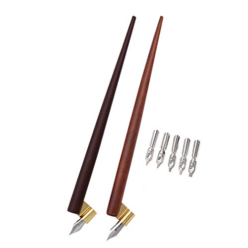 SIPLIV Professional Manga Gothic Pen Dip Pen Calligraphy Drawing Pen Kit, 2 Pen Holders Handles, 7 Nibs (2 Fountain Pen Nib, 5 Flat Nib) - Brown Wood and Redwood