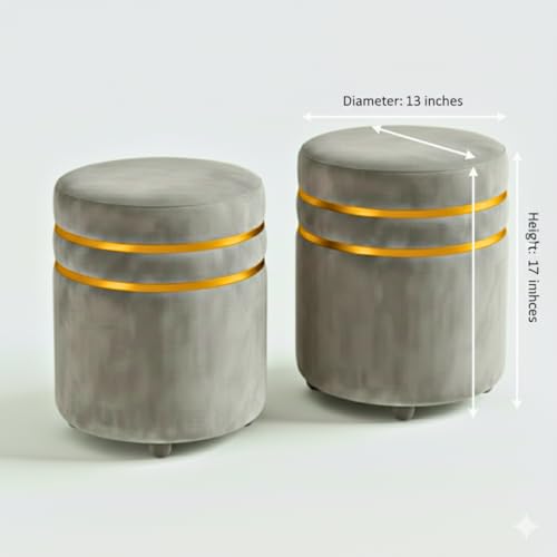 Image of Decorative Ottoman Pouffes for Sitting - Two-Piece Set of Puffy Stools and Footstools - Round Ottoman Stool for Living Room Furniture (Grey)