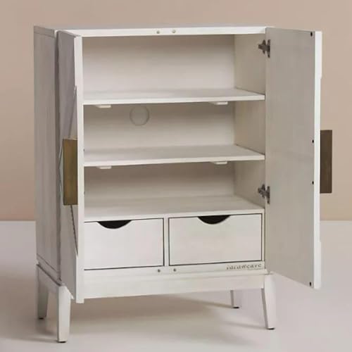 Image of Eisth Wooden Sideboard Cabinet for Living Room | Handcrafted Solid Wood Storage Cabinet with 2 Doors | Crockery Cabinet for Home | Wooden Furniture for Home (White)