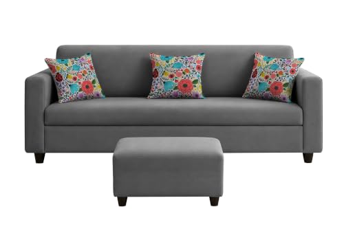 Image of Rosebell 3 Seater Sofa with Ottoman | Living Room Couch | with Printed Cushions | Sofa for Home, Apartment & Office-Grey Color
